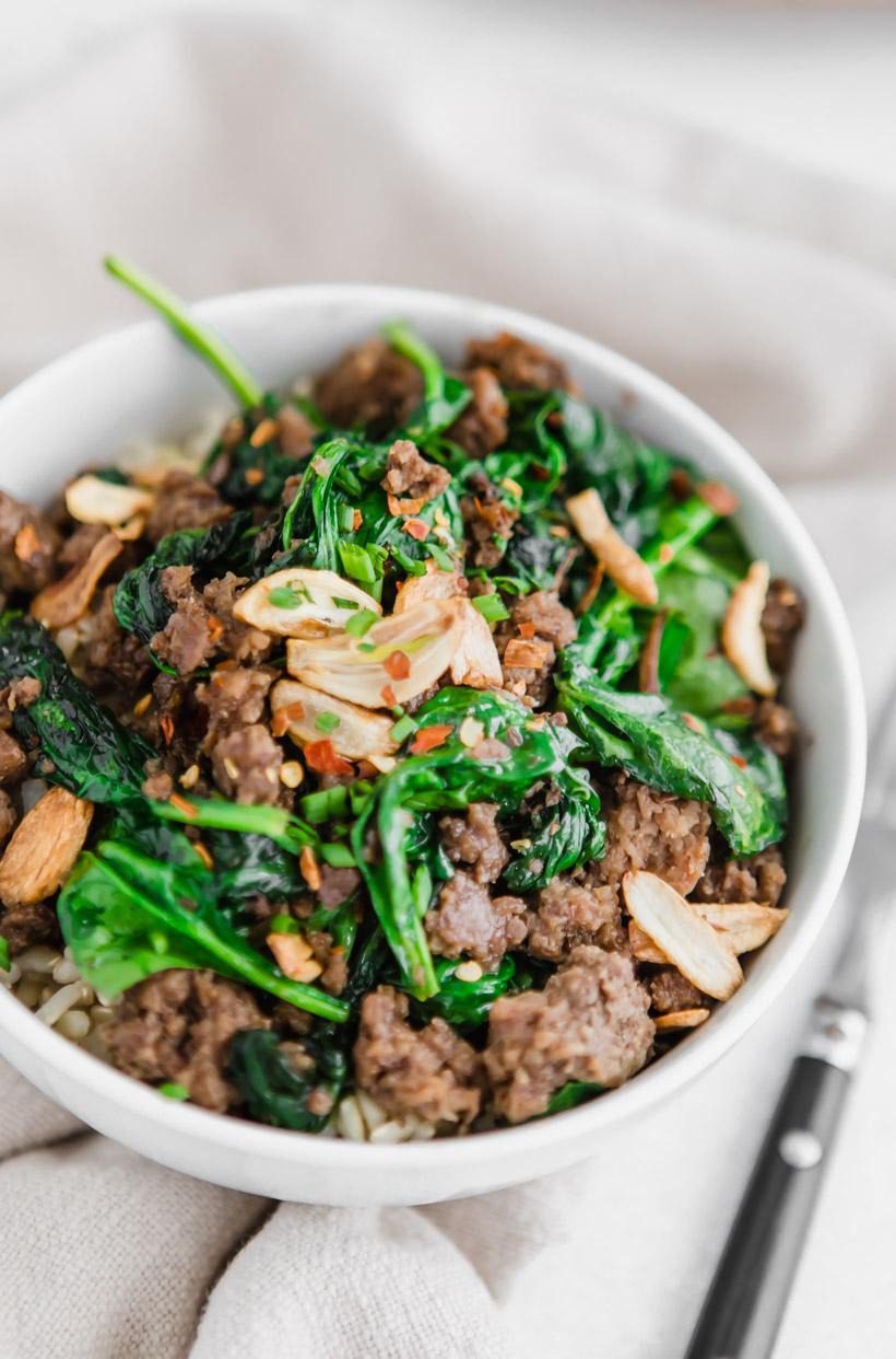 B. Beef Tips with Sautéed Spinach and Garlic<br />

