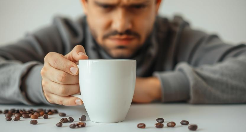 A frustrated person holding a cup of coffee with a disappointed expression, with spilled coffee beans on the table.