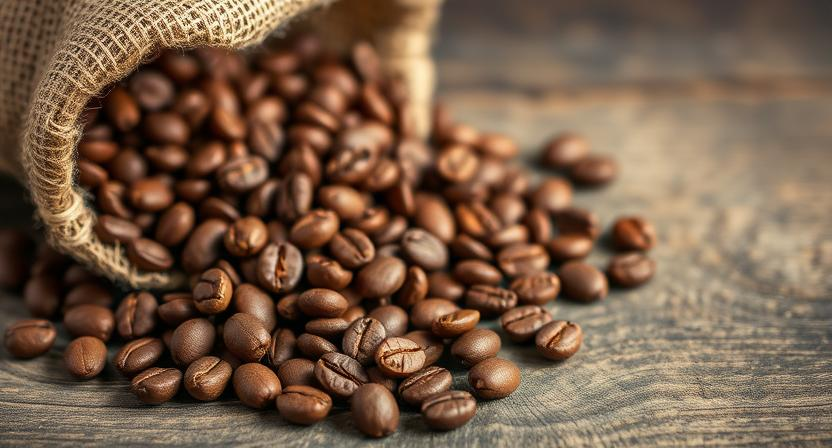 Freshly roasted coffee beans spilling from a burlap sack onto a rustic wooden surface