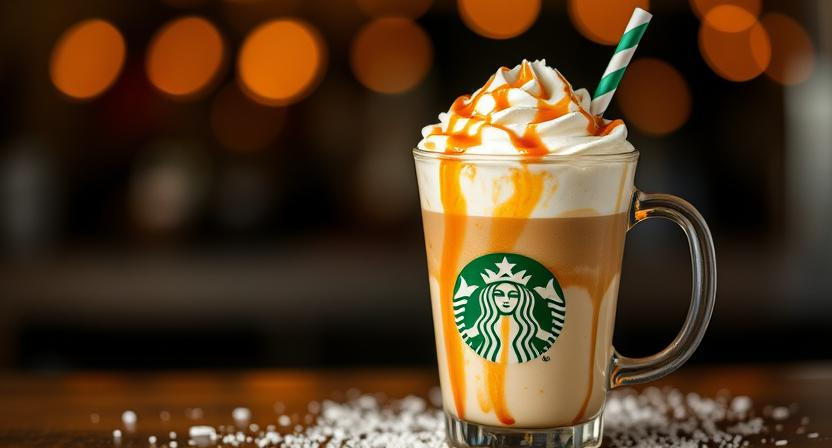 A caramel frappuccino in a tall glass, topped with whipped cream and drizzled caramel syrup.