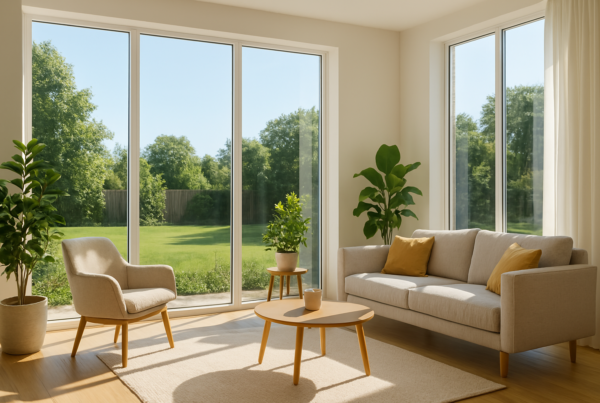 A bright, modern living room with spotless, streak-free windows letting in natural light