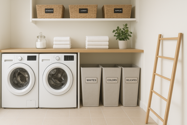 A bright, organized laundry room with labeled baskets and a clean sorting system."