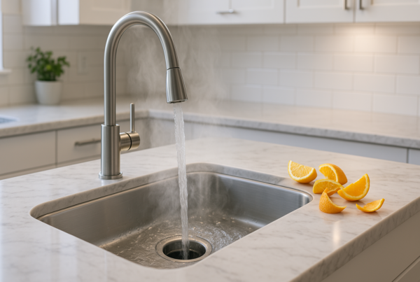Clean kitchen sink with citrus peels and hot water running, representing a fresh-smelling garbage disposal.