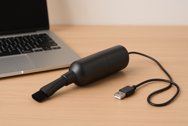 A compact, USB-powered keyboard vacuum cleaner resting on a workspace next to a laptop, ready for cleaning small debris between keys. The image highlights the sleek design and practicality of this essential office tool, ideal for maintaining cleanliness without damaging sensitive electronics.