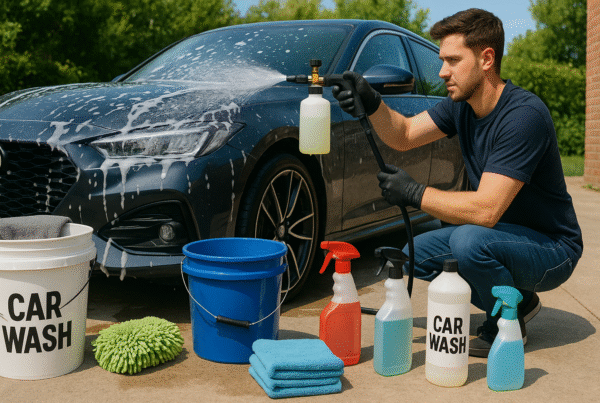 A person washing a shiny car outdoors using professional car wash supplies, surrounded by various car wash kits, including buckets, towels, and spray bottles. The scene conveys careful, hands-on product testing and passion for car detailing.