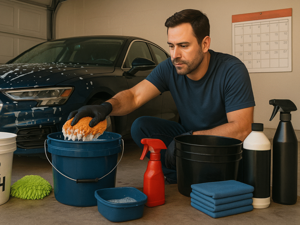A detailed scene showing a person examining and testing multiple car wash kits over time, featuring a variety of products like soaps, towels, and mitts. A calendar showing six months passes in the background, emphasizing long-term testing and real-world car washing. The image highlights both budget and premium car care items.