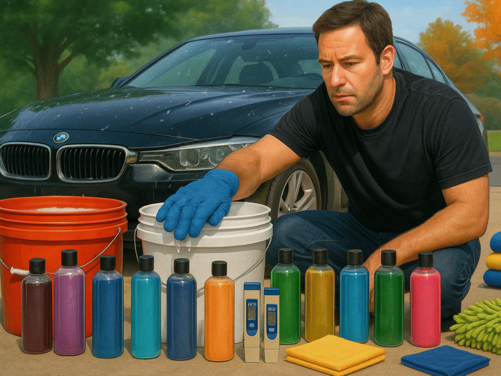An organized testing setup showing multiple car wash kits being evaluated in a driveway across different weather conditions. The scene includes various surfaces like black paint, chrome, and wheels, two buckets for the wash method, water testing tools for pH and TDS, and microfiber towels being inspected for wear. Visual emphasis on methodical, scientific testing and consistent conditions.