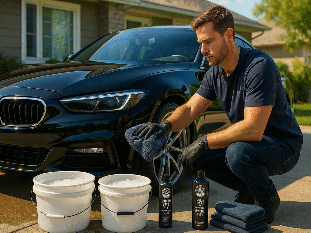 A person carefully washing a black car using a premium black car wash kit, featuring specialized soaps, microfiber towels, and a two-bucket setup. The car's paint looks glossy and mirror-like under bright daylight, with no visible swirl marks. A focus on swirl-free, professional car care for dark paint finishes.