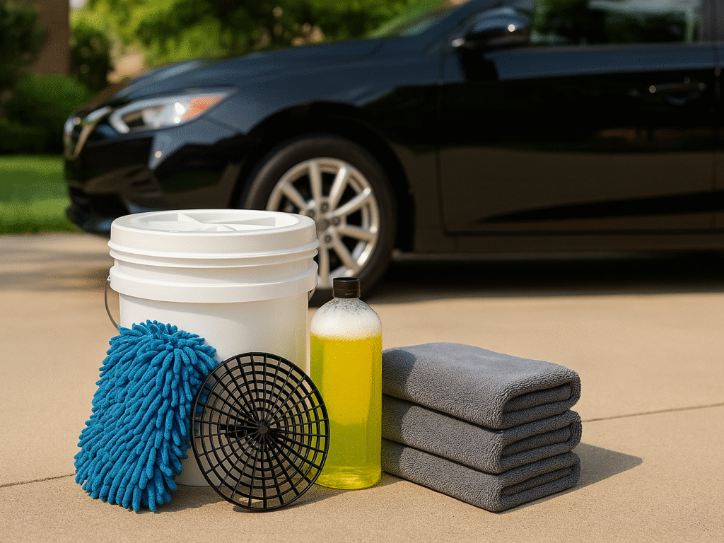 High-quality car wash kit with a durable bucket, grit guard, microfiber mitt, and drying towels displayed together for safe and scratch-free car washing.
