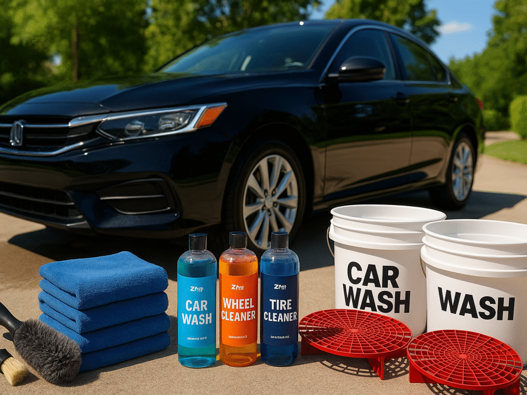 Professional car wash kits arranged neatly outdoors with a shiny car in the background, showcasing premium microfiber towels, concentrated cleaners, and specialized tools, symbolizing quality and value after extensive testing.