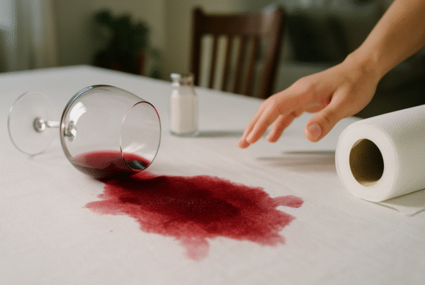 Red wine spilled from a glass onto a white tablecloth, with a hand reaching to clean it quickly.