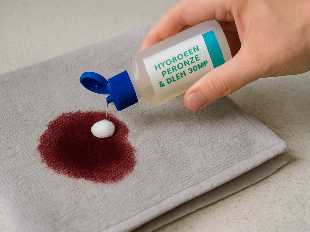 Hydrogen peroxide and dish soap solution being applied to a red wine stain on fabric.