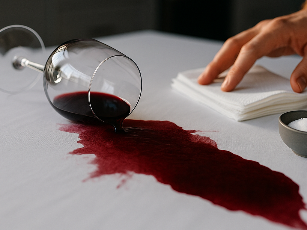 A spilled glass of red wine on a white tablecloth with wine spreading, salt nearby, and a hand reaching with paper towels in a kitchen setting.