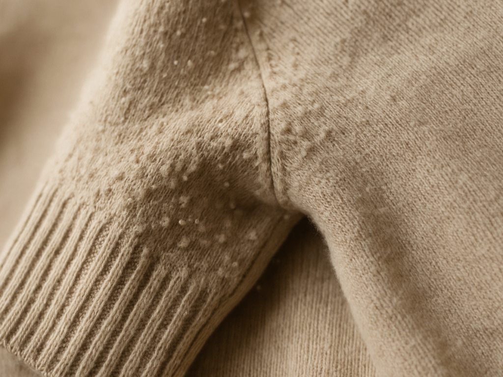 Close-up of a fabric surface showing small fuzz balls (pills) on a worn sweater. The image focuses on the underarm or sleeve area where friction typically causes pilling. Different textures of the fabric, including smooth and pilled areas, are clearly visible.