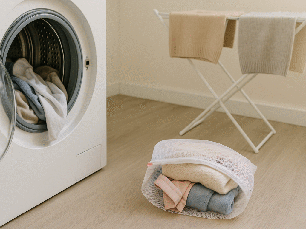 A realistic photo showing laundry best practices to prevent fabric pilling — clothes turned inside out in a washing machine, a mesh laundry bag with delicate garments, and soft knitwear laid flat to dry. The scene emphasizes fabric care and gentle laundry habits in a home setting.