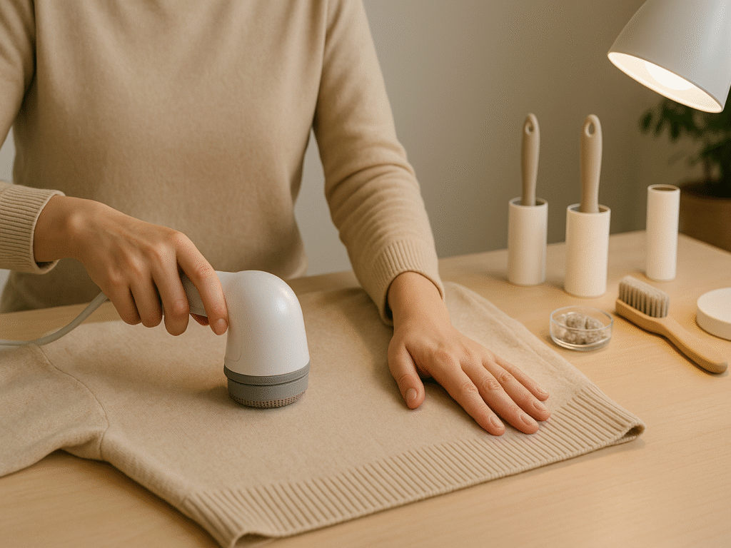 A person using a fabric shaver on a wool sweater laid flat on a dining table. The fabric is held taut with one hand, while the other hand moves the electric shaver in small circles under a bright desk lamp. A clean, organized laundry setup with tools like lint brushes and a fabric shaver cleaning brush is nearby.