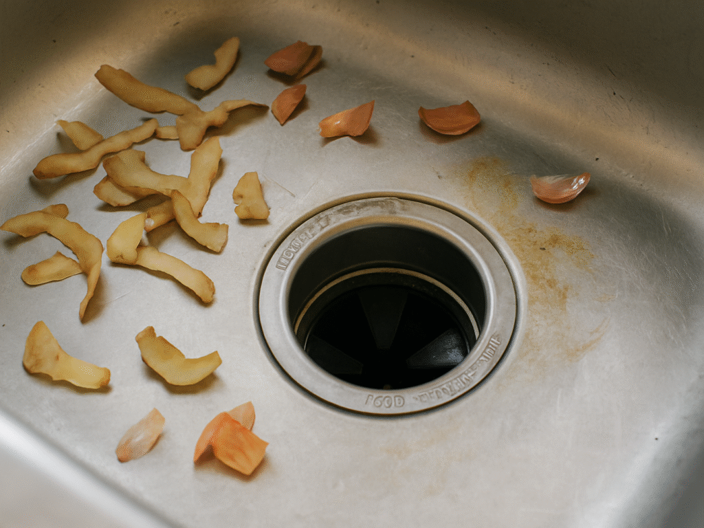 kitchen sink with a garbage disposal unit. Food scraps like potato peels and onion skins are scattered near the drain. Grease residue and water stains are visible around the splash guard, suggesting buildup. The sink area looks slightly grimy, hinting at odor issues.
