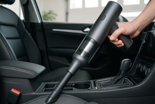 Modern car interior being cleaned with a cordless vacuum in a bright, organized garage