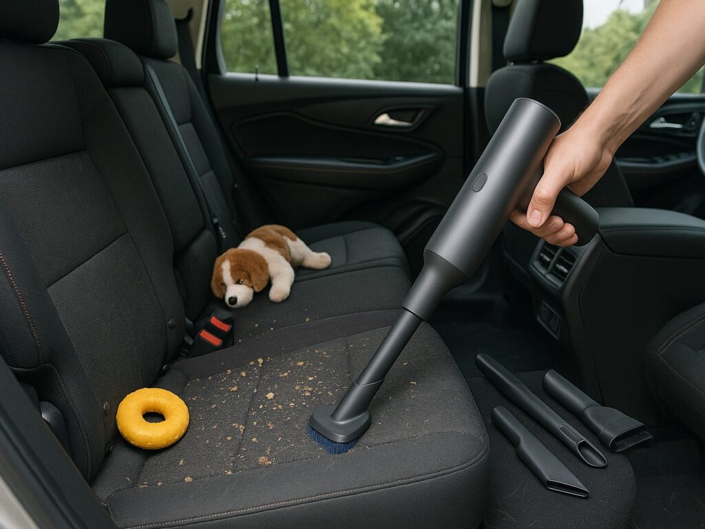 Messy family SUV being vacuumed with a detailing vacuum, showing pet hair and snack spills.