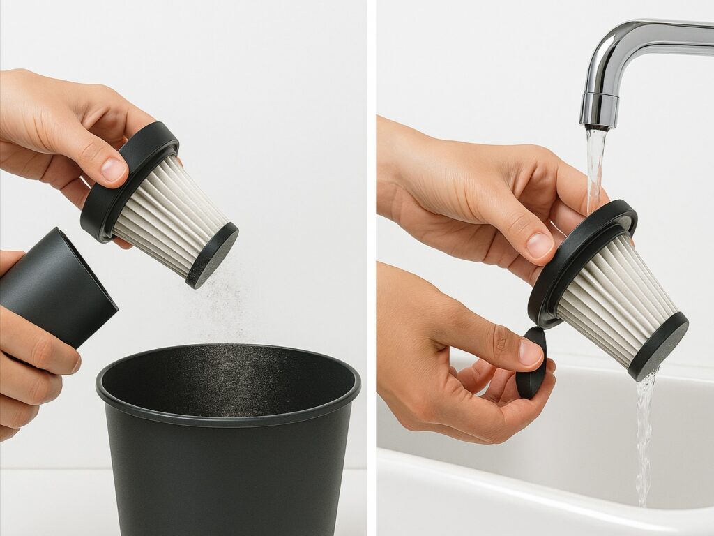 Person cleaning and rinsing a car vacuum filter for reuse.