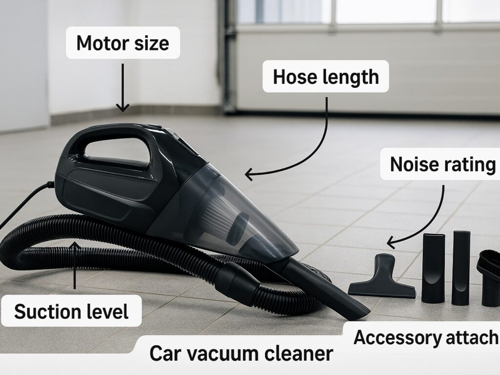 Modern car vacuum cleaner with labeled features like hose length, motor power, and detailing attachments.