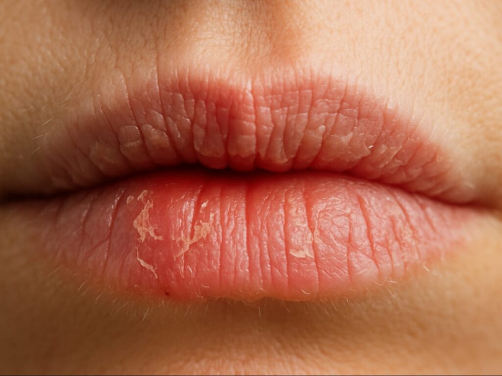 Close-up of lips with peeling skin and redness from chapping.