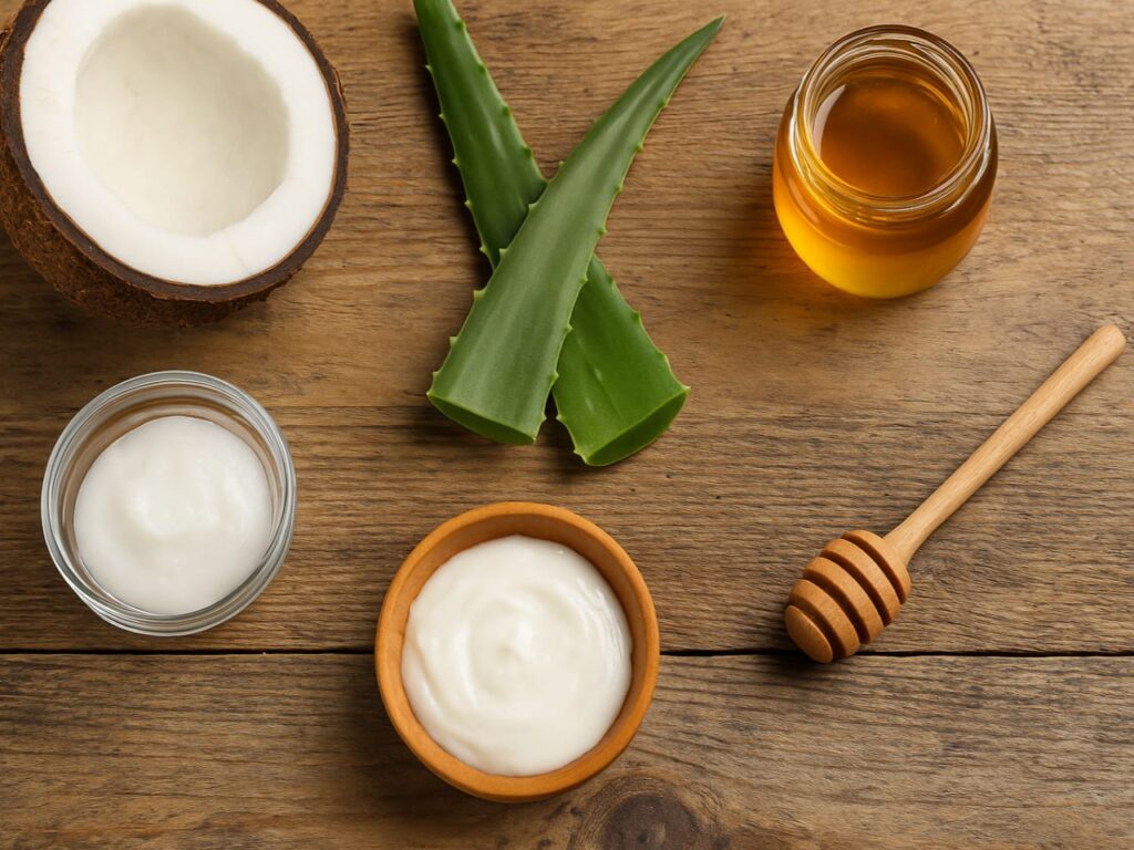  Flat lay of coconut oil, aloe vera gel, and honey used for natural chapped lip relief.

