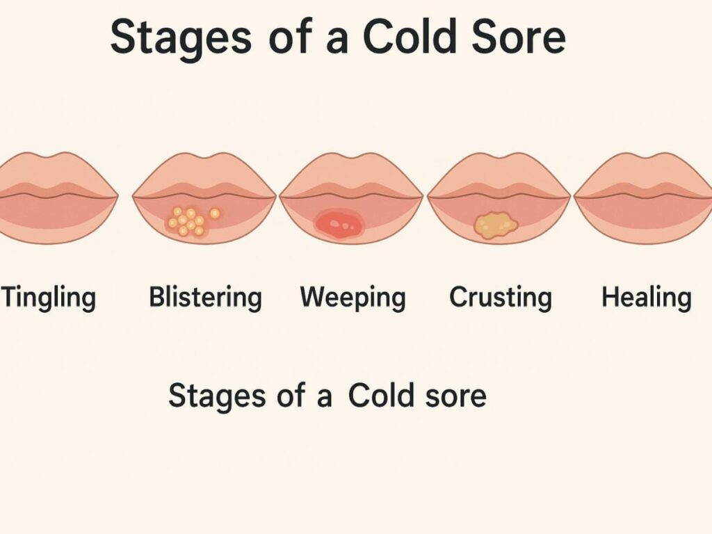  Diagram of cold sore stages including tingling, blistering, weeping, crusting, and healing.

