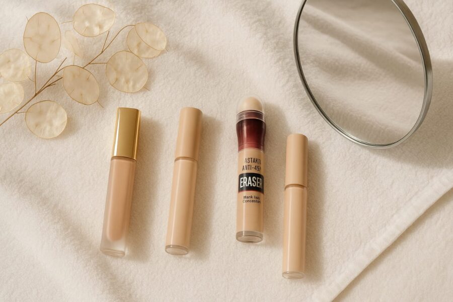 Flat lay of concealers on a white towel with dried flowers, representing best concealers for dry skin