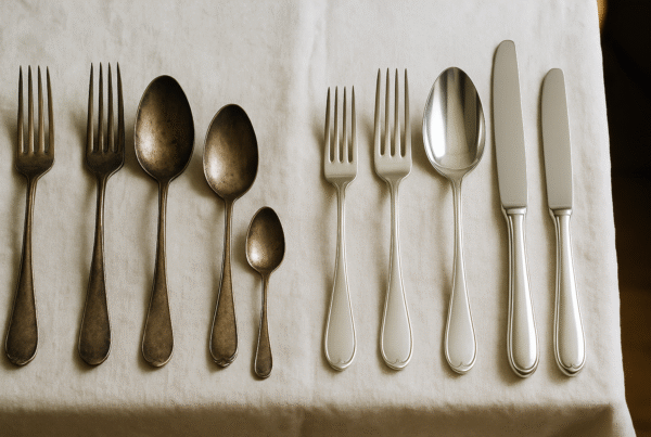 Before and after of tarnished and polished silverware on a white tablecloth, showing restored shine for a blog on cleaning silverware