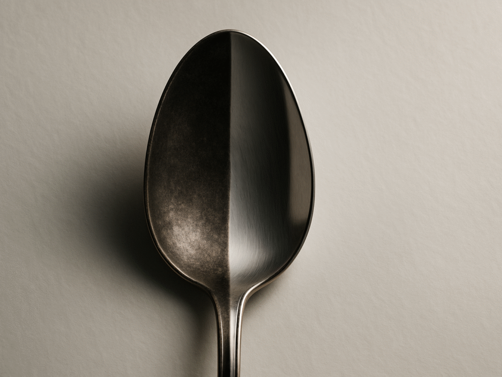 Close-up of a silver spoon showing half tarnished and half polished, illustrating the effects of silver tarnish for an educational blog post.