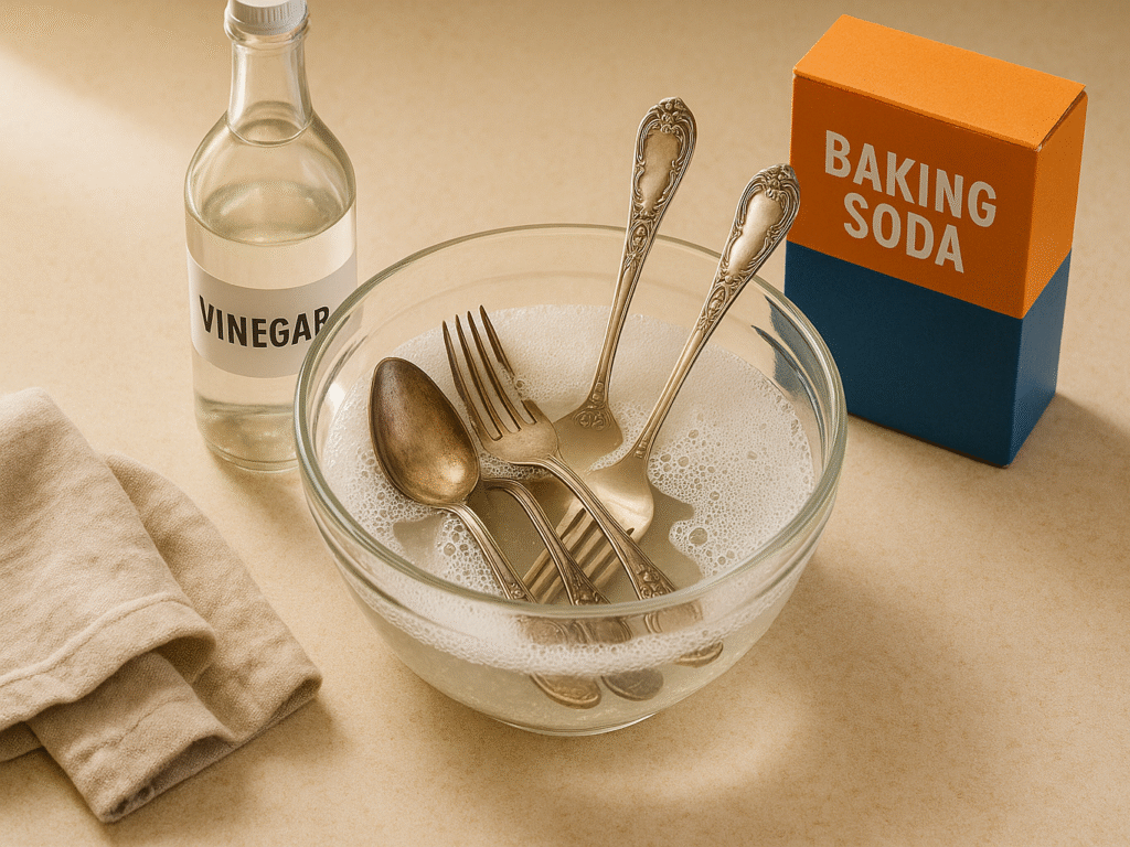 Silverware soaking in a fizzing vinegar and baking soda solution in a glass bowl, with a vinegar bottle and baking soda nearby on a kitchen counter.