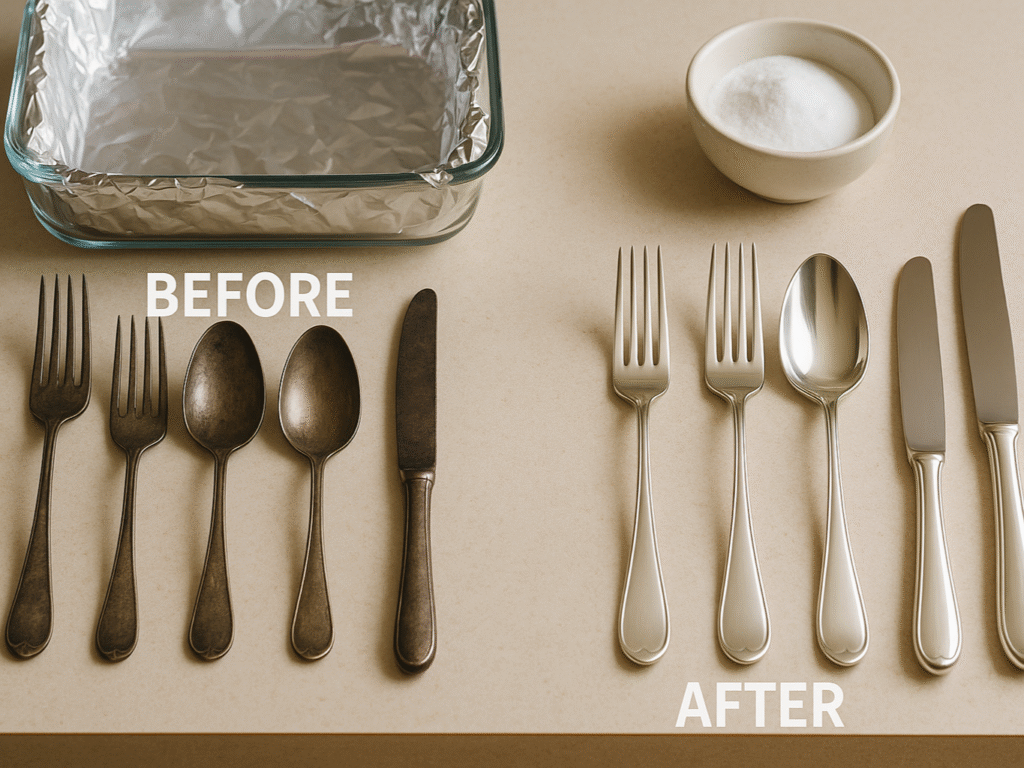 Before and after of silverware cleaned with aluminum foil and baking soda, with cleaning supplies like foil and baking soda visible on a kitchen counter.