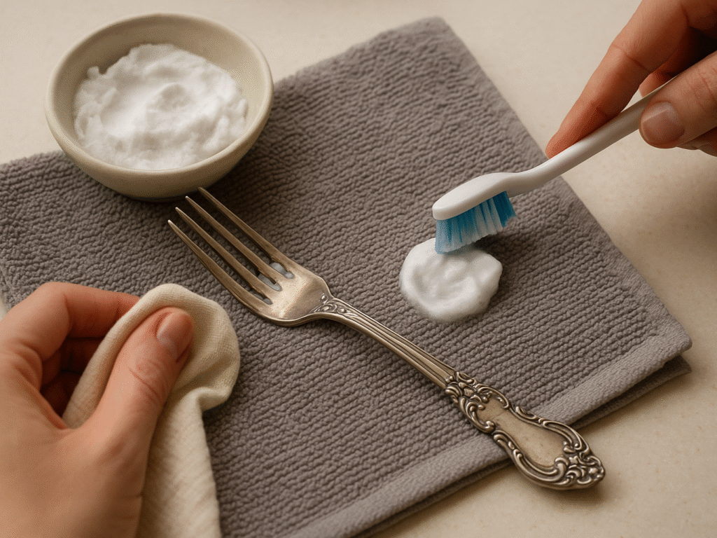 Hands applying baking soda paste to tarnished silverware with a cloth and toothbrush, with a bowl of paste and a soft towel on the counter.