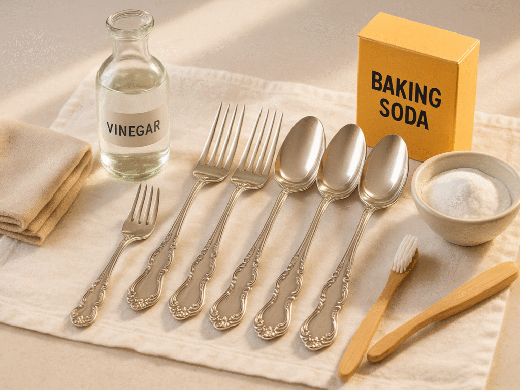 Polished silverware laid out on a linen cloth with cleaning supplies like baking soda, vinegar, and a soft cloth nearby, symbolizing silver care and restoration.