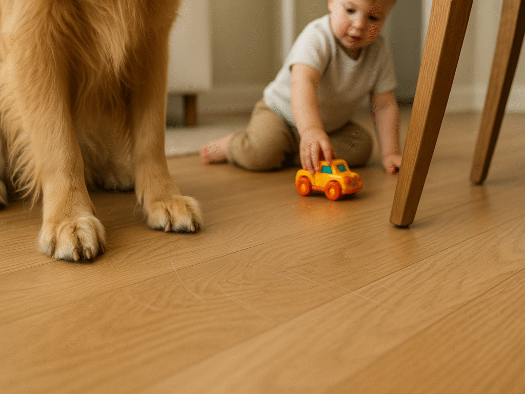White oak hardwood floor showing light scratches and wear from pet claws, children's toys, furniture legs, and foot traffic in a busy home setting.