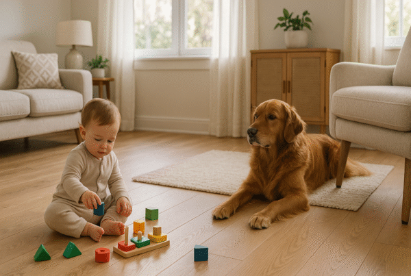 Cozy living room with white oak hardwood floors, a toddler playing with toys, a golden retriever nearby, and furniture with protective felt pads on the legs.