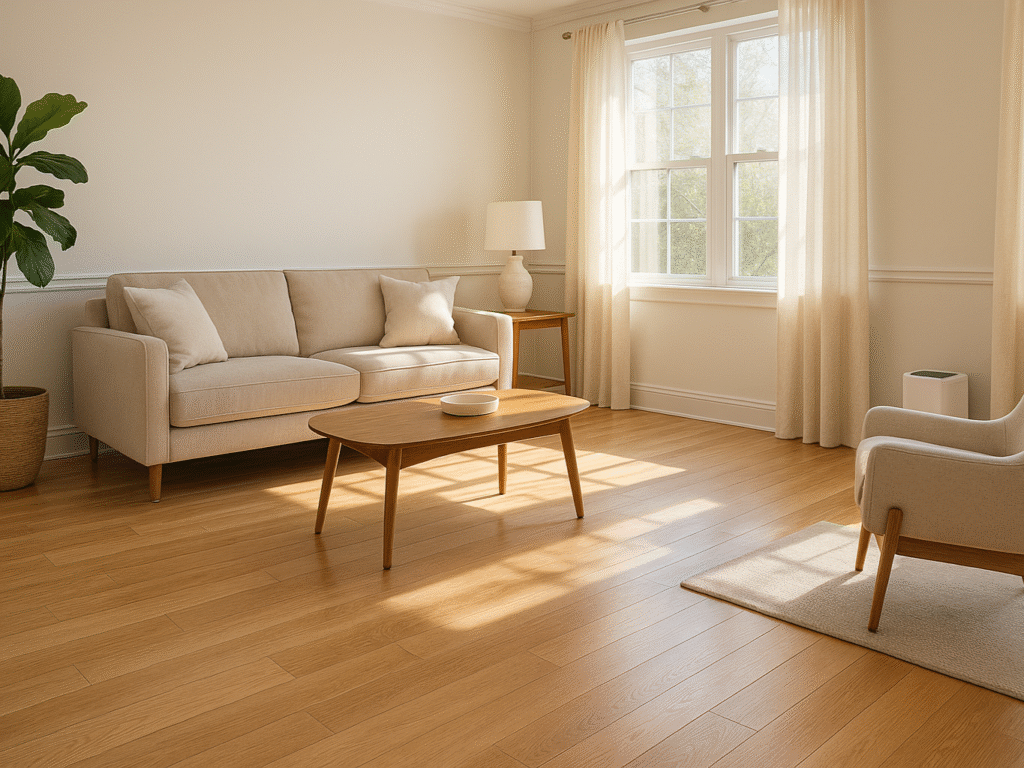 Bright, cozy living room with white oak floors in great condition, soft sunlight coming through sheer curtains, furniture spaced out with pads on the legs, and a small humidifier in the corner for climate control.