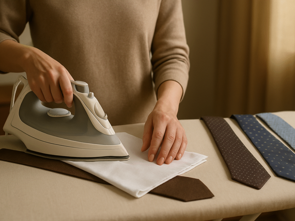 A person gently pressing a silk tie with a steam iron over a cotton cloth on an ironing board, using the press-and-lift technique to avoid shine or damage.