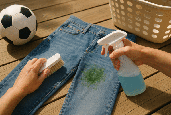 A pair of hands scrubbing fresh grass stains from a pair of jeans outdoors, with visible green stains and cleaning tools like a brush and spray bottle nearby. In the background, a sunny yard and a soccer ball hint at active outdoor play.