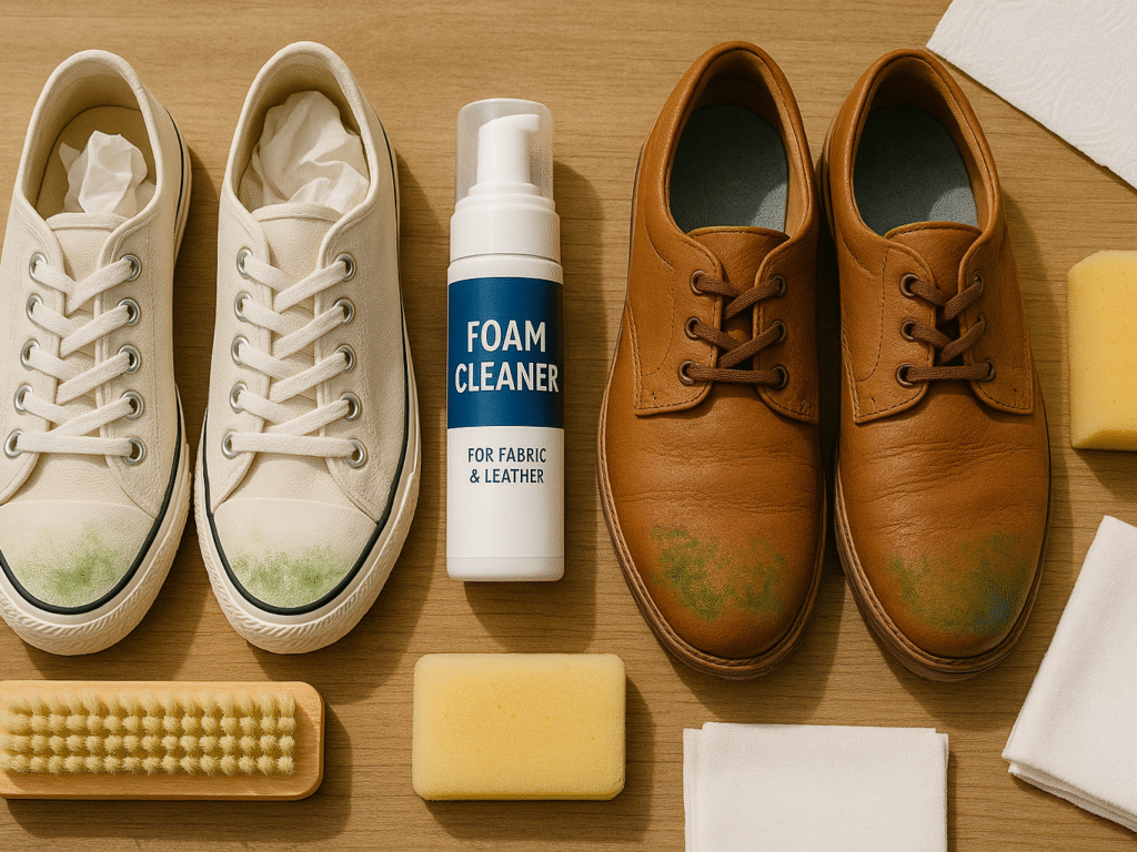 Flat lay of grass-stained canvas and leather shoes surrounded by cleaning supplies including foam cleaner, soft brushes, cloth, and a damp sponge. The scene is softly lit with natural light, evoking a clean, practical, and organized vibe for DIY shoe care.