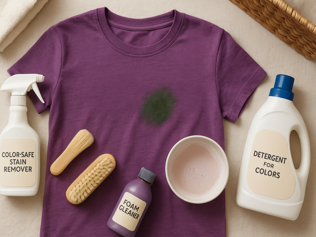 A vibrant-colored shirt with a visible green grass stain lies on a laundry surface, surrounded by a color-safe enzyme spray bottle, soft-bristle brush, a small detergent bottle labeled “for colors,” and a bowl of cold water. The scene is softly lit with a cozy, clean aesthetic that emphasizes fabric care and color protection.
