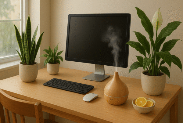 A bright and modern home office filled with natural light, featuring a small desk diffuser emitting essential oil mist, air-purifying plants like a peace lily and snake plant, and a bowl of citrus slices. The workspace is clean, minimal, and visually inviting, suggesting a fresh and productive environment.
