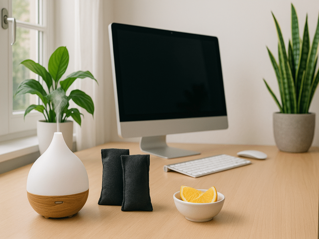 A clean, sunlit home office with windows slightly open, featuring a desk with a small essential oil diffuser emitting mist, a bowl of lemon slices, activated charcoal bags, and vibrant indoor plants like a peace lily and snake plant. The space feels fresh, organized, and naturally fragrant.