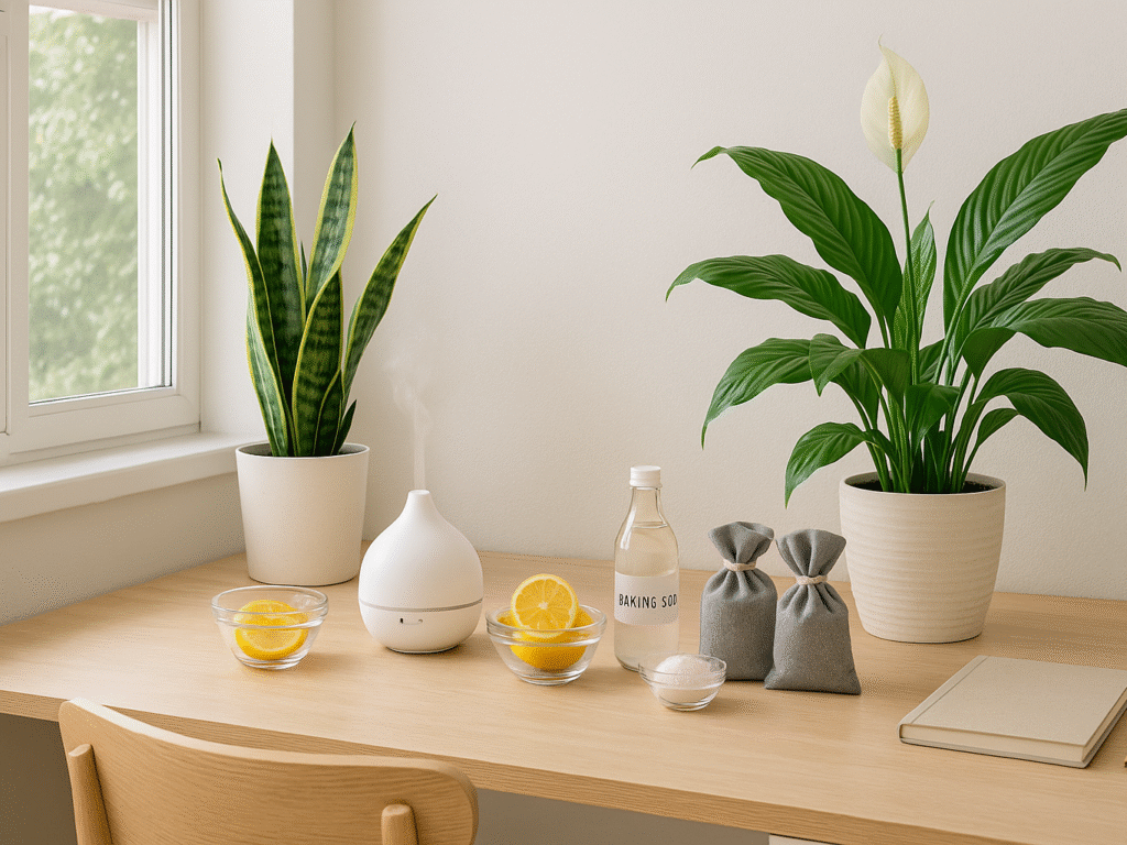 Bright and airy home office with open windows, leafy houseplants like snake plant and peace lily, an essential oil diffuser emitting mist, bowls with lemons, vinegar, and baking soda on a desk, and activated charcoal bags discreetly placed. The room looks clean, fresh, and filled with natural elements.