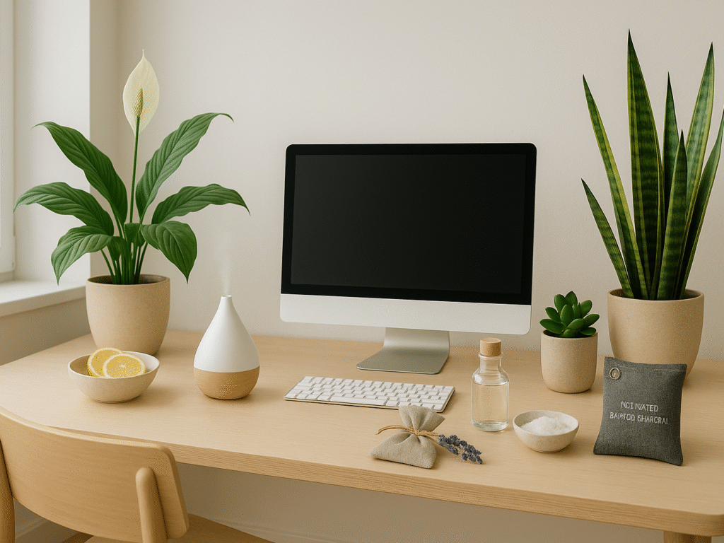 A neat, modern small office desk featuring a subtle essential oil diffuser emitting gentle mist, a small potted succulent, and a compact, sleek air freshener device. Soft natural light filters through a nearby window, creating a calm and inviting workspace with minimal clutter.