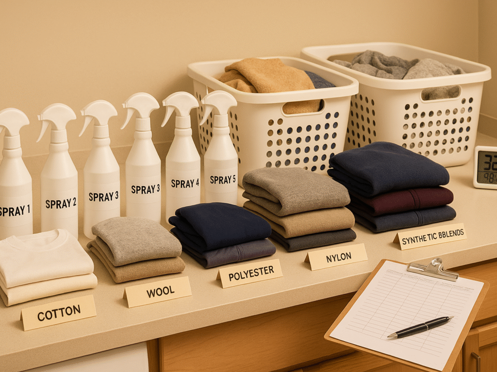 Anti-static spray test setup with five spray bottles, winter clothes, and laundry baskets showing different fabric types used in 100 laundry loads.