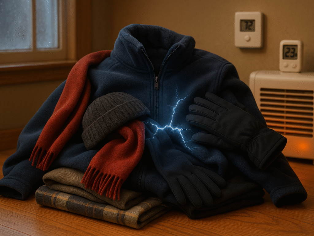 Winter clothes generating static cling due to dry air, layered synthetic fabrics, and indoor heating in a low-humidity home.