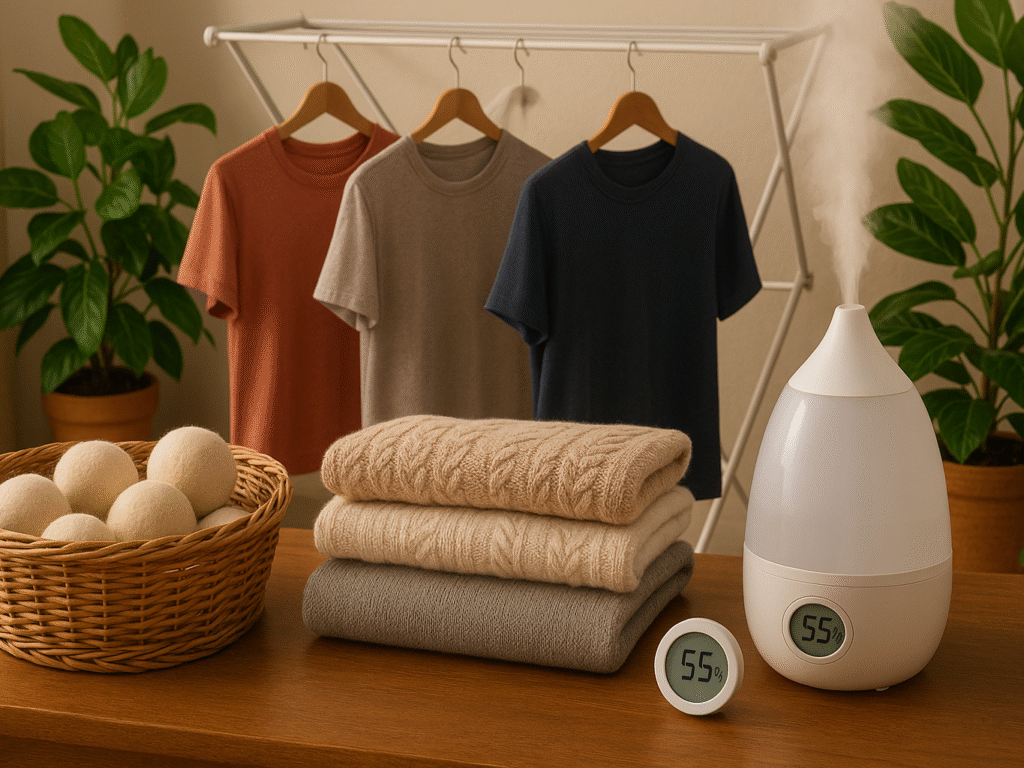 Natural methods to prevent static cling including wool dryer balls, drying rack with synthetic clothes, humidifier, and cotton sweaters.