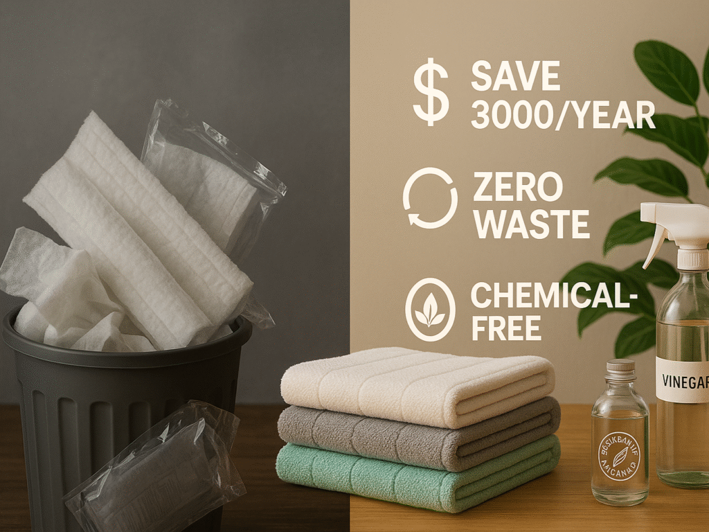 Comparison of reusable and disposable Swiffer pads showing environmental impact, cost savings, and chemical-free cleaning benefits in a home setting.